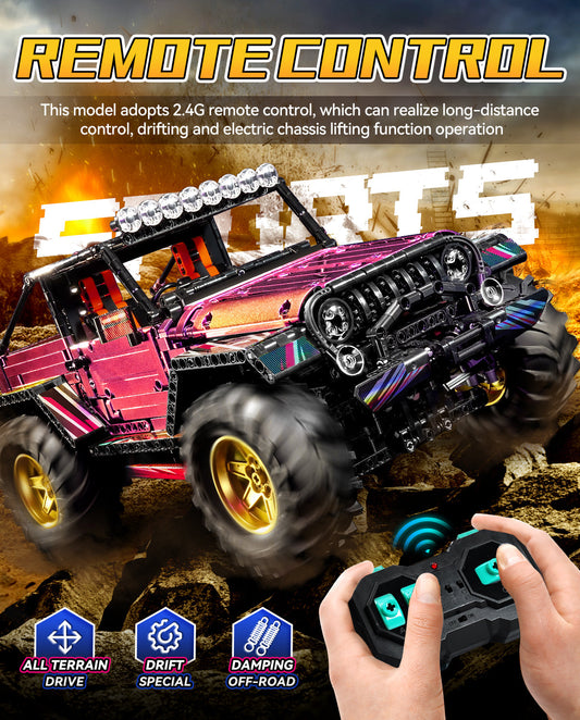 Jeep Wrangler Plated Off-Road Pickup with Electric Chassis Lifting, 1:10 MOC Remote Control Truck, 2088 Pcs